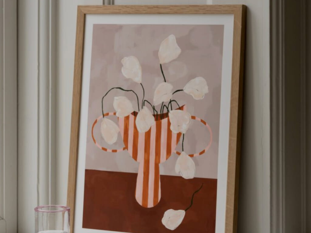 White Flowers in Striped Vase
